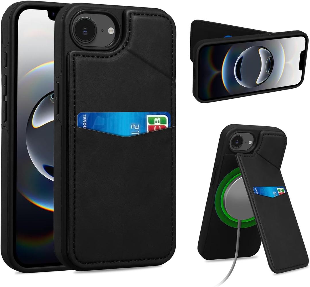 2 x Case for iPhone 16E Wallet Case with MagSafe, Kickstand, 3 Credit Card Holder [RFID Blocking], Magnetic Back Flip Case Heavy Duty Protective Cover for iPhone 16E 6.1"-Black