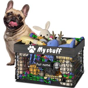 Dog Toy Bin Toy Basket Metal Storage Box with Handles Dog Organizer Chew-Proof Dog Toy Box Blankets Leashes Chest Puppy Dog Toy Storage Wood Metal Container Home Decor Pet Toys Dog Cat (Black-Grey wood)