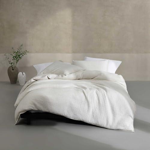 Calvin Klein - Queen Duvet Cover Set, Soft & Lightweight Cotton Blend Bedding, Ribbed Quilt Detail & Button Closure, 3 Piece Bed Set with Matching Pillowcases (Ivory Grey Heather)