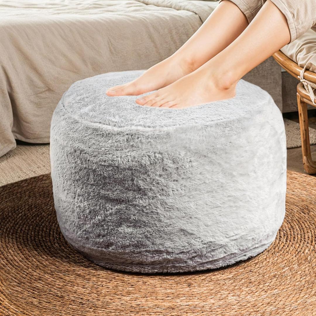 Cozy Plush Grey Pouf | Living Room Ottoman Footrest at 20 x 15 Inches | Soft, Non-Shedding Round Stool Sofa Ottoman with Supportive Foam Filling | Foot Rest for Couch