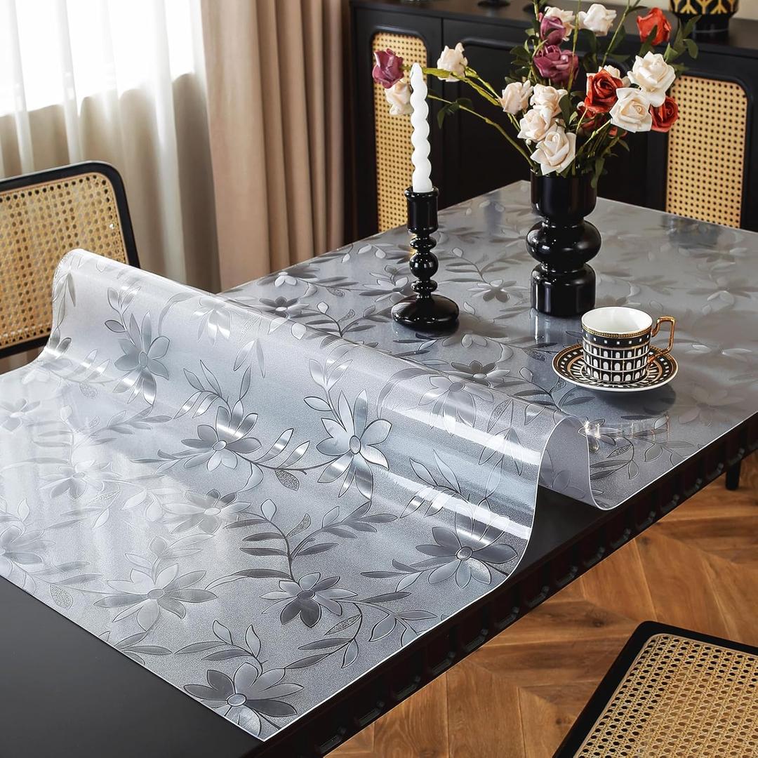 OstepDecor Floral Table Protector 42 x 90 Inch, 1.5mm Thick Plastic Table Cover, Waterproof Dining Tabletop Protector Rectangle Vinyl Tablecloth PVC Desk Pad Mat for Kitchen, Wooden Table