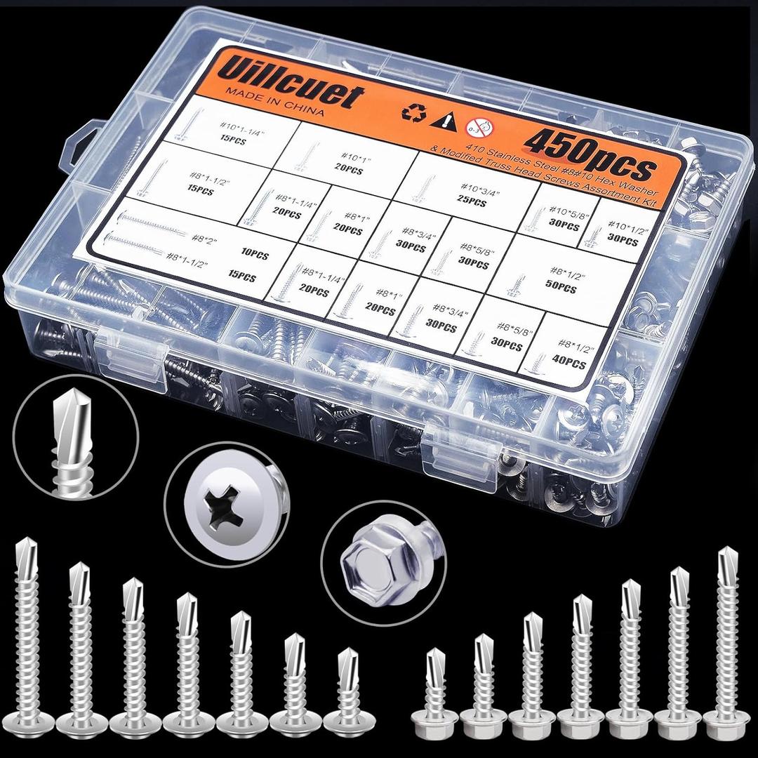 450PCS #8#10 Self Drilling Screws Self Tapping Screws for Metal, TEK Head Screws Assortment Kit Set, 410 Stainless Steel Sheet Metal Screws 2 Type Head(Hex/Round), Length 1/2" to 2"