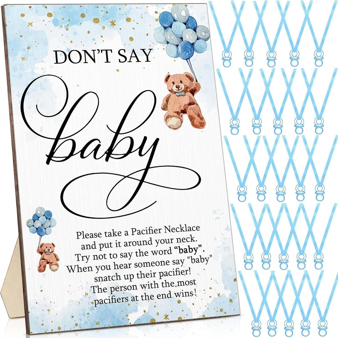 Wesiti 51 Pcs Cool Baby Shower Game Wooden Sign Gift Sets 50 Baby Shower Pacifiers Necklace Acrylic Pacifier for Gender Reveal Party Favor(Bear,Blue)