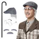 Fengek 5-Piece Grandpa Costume Set - Old Man Wig Hat, Cane, Beard, Eyebrows, Glasses - Perfect for 100 Days of School, Halloween, Christmas