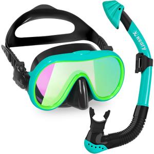 Keary Kids Dry Snorkel Set for Kids 5-16 180 Wide View UV Protection Snorkeling Gear Scuba Diving Mask for Girl Boy Youth