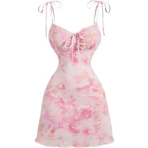 WDIRARA Women's Tie Dye Mini Cami Dress Boho Tie Shoulder Sleeveless Dresses (Medium, Pink)