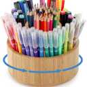 SOUJOY Bamboo Pen Holder Organizer, 360Rotating Art Supply Organizer with 11 Compartments, Color Pencil Storage Caddy, Hold 200+ Pencils, Office Desk Stand Box for Marker Pens, Pencil, Art Brushes