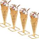Single Metal Gold Ice Cream Cone Holder Stand, Individua Waffle Cone Holder Sushi Hand Roll Stand for Standard Size Ice Cream Cones Appetizer Charcuterie Cones, Sugar Cones, Sushi (4 Pack)