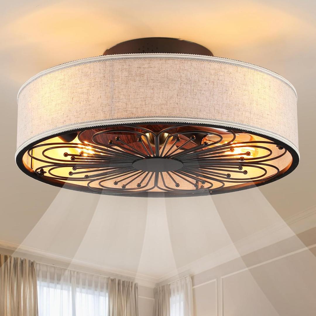 Caged Ceiling Fans with Lights Flush Mount,Low Profile Ceiling Fan with Remote,20 Inch Farmhouse White Ceiling Fan for Bedroom,6 Speeds Reversible Silent Fandalier(Include 4 Bulb)