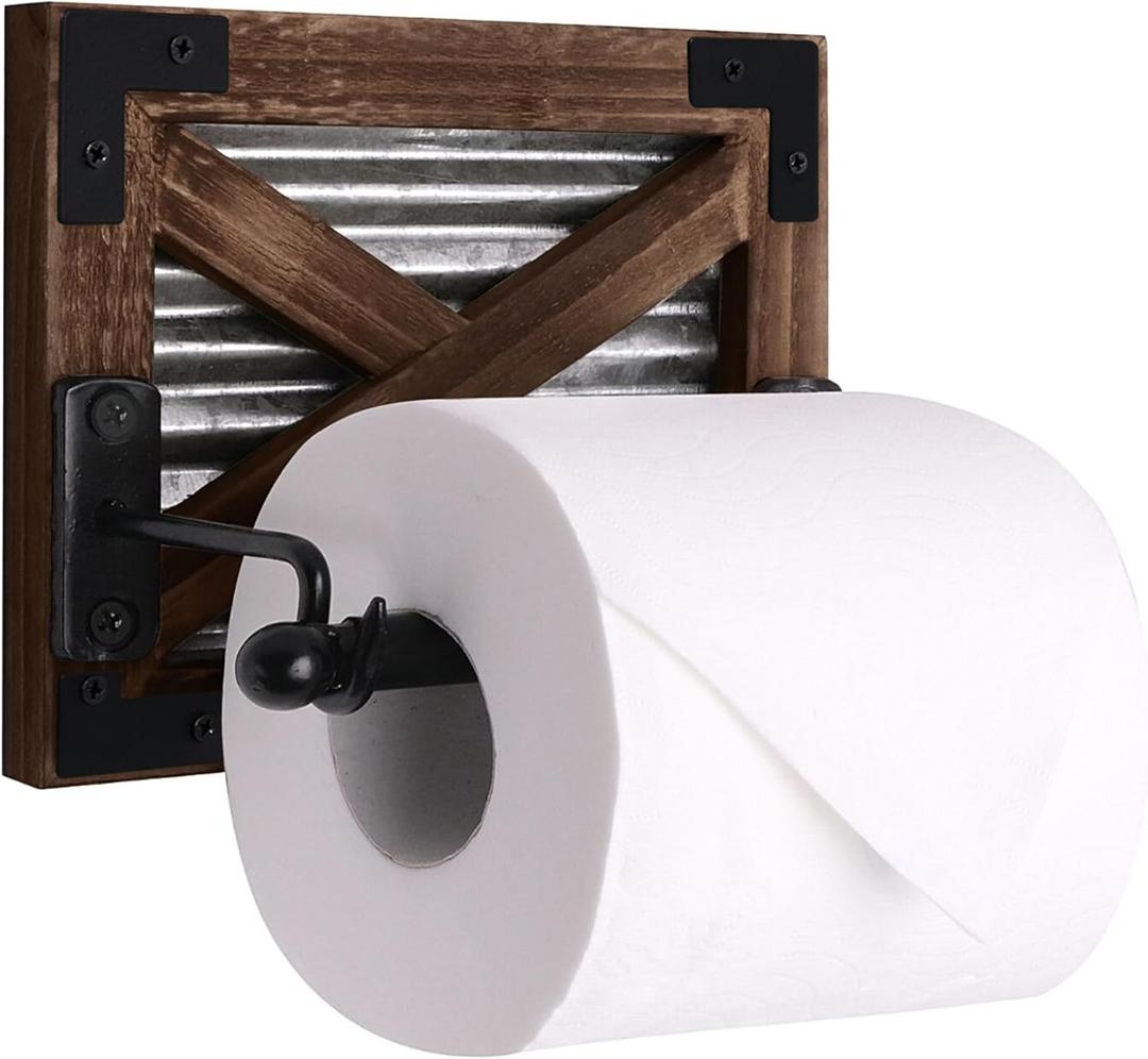 Autumn Alley Farmhouse Toilet Paper Holder with Bracket - Farmhouse Bathroom Rustic Country Decor - Rustic Bathroom Accessories Featuring Warm Brown Wood, Galvanized Metal, and Black Metal
