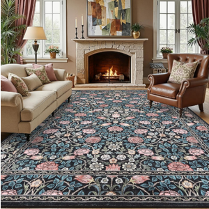 GarveeHome Indigo Blue and Pink Vintage Floral Washable 8x10 Area Rugs for Living Room Boho Retro Rug Low Pile Stain Resistance Non Slip Carpet for Bedroom Nursery Dining Room Amazon's Choice