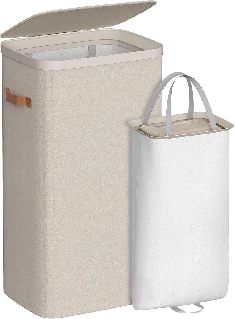 SONGMICS Laundry Basket, 26.4 Gal. Laundry Hamper, Easy Assembly, with Lid and Handles, Removable Liner, 16.5 x 12.6 x 29.5 Inches, Cappuccino Beige ULCB811LH01, 100 L