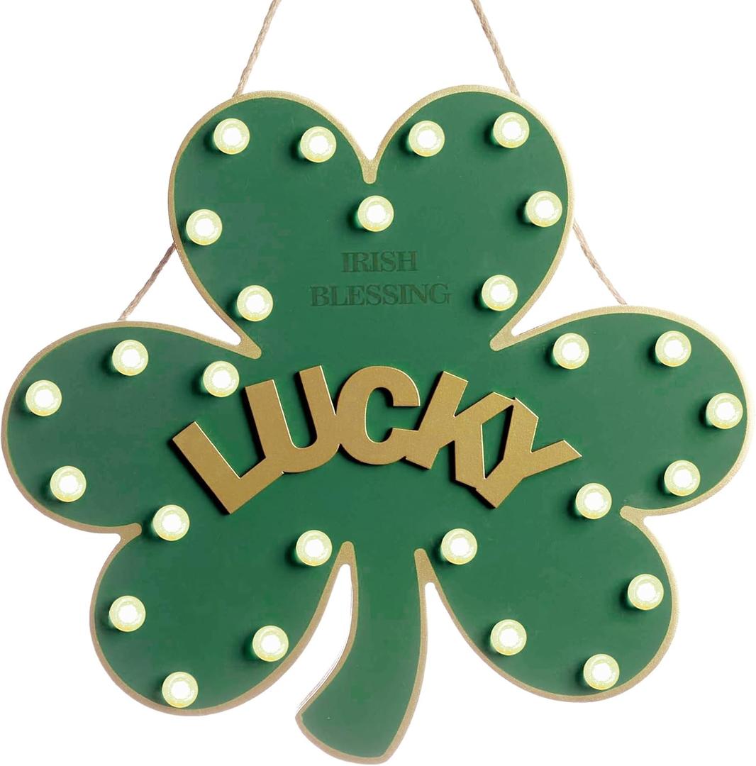 Lighted Holiday Wall Hanging Decor, St. Patricks Day Shamrock Green Wreath, Lucky Irish Blessing Front Door Sign with LED Lights, Wooden Spring Wreath for Home Wall & Door Decoration Party
