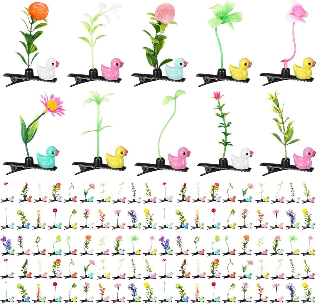 Tigeen 100 Pcs Rave Trinkets Festival Sprout Hair Clips Duck Bean Sprout Clips Spring Plant Flower Hairpins Funny Mixed Style Hair Accessories Valentines Easter Party Gift