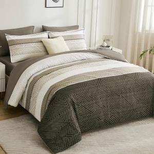 Drucon Comforter Set Queen Size 7 Piece Bed in a Bag Brown Striped Bedding Set Soft Microfiber Comforter and Sheet Set for All Season (Queen, 90"x90")