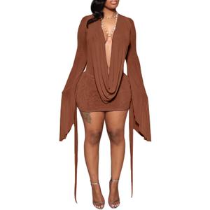 SHINFY Women Sexy Backless Mini Dress Draped Mesh Cowl Neck Long Sleeve Swing Going Out Birthday Dresses (Brown, Small)