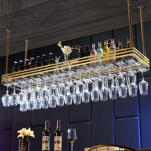 Ceiling Rack & Hanging, Adjustable Hanging Rack with Acrylic Board for Bar Cafe Kitche, 39.4''x13.8'' Iron Hanging Glass Racks, Bottle, Goblet Stemware Rack, Mug Rack-Gold