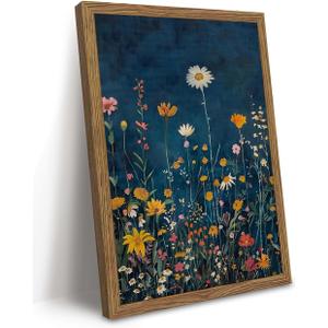 Vintage Spring Wildflower Wall Art, Dark Blue Floral Pictures Wall Decor, Moody Botanical Prints, Cottagecore Colorful Flower Painting, Neutral Artwork for Gallery Living Room Framed 16x24 Inch