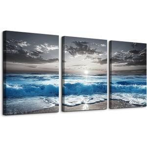 TTHYUEWS Beach Wall Art For Living Room Canvas Wall Decor For Bedroom Office Decorations Blue Sea Wave Paintings Black And White Wall Pictures Artworks Bathroom Canvas Art Modern Home Decor 3 Piece