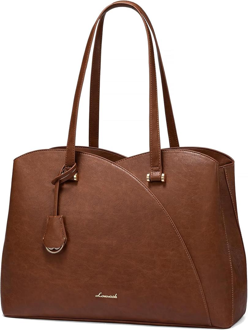 LOVEVOOK Work Tote Bag for Women, Vintage Leather Laptop Bag Teacher Tote Bag, Professional 15.6 Inch Computer Bag, Large Tote Purse Handbag With Laptop Compartment, Dark Brown
