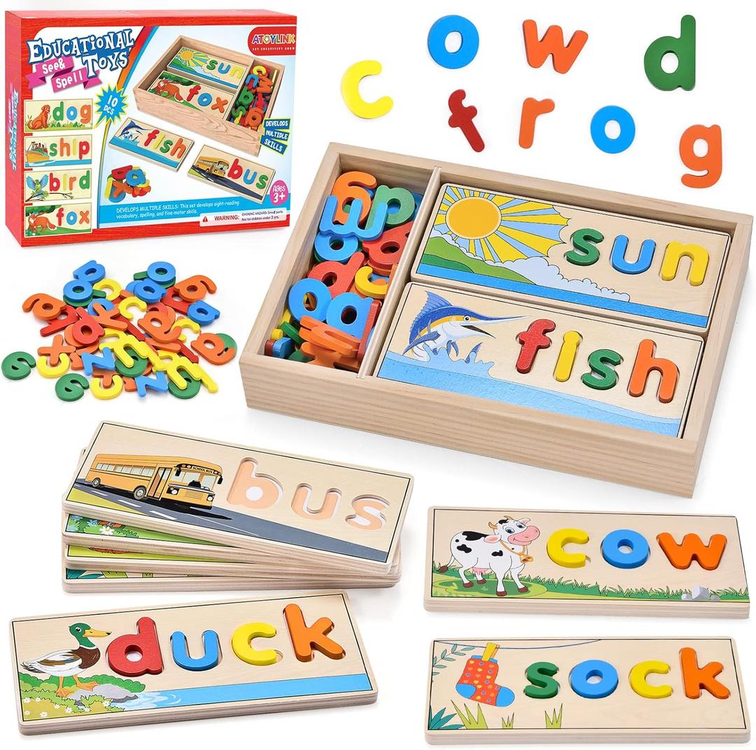 Atoylink Wooden Spell Learning Toys for 2 3 4 5 Year Old Kids Match Letter Spelling Game Board & Letters & Box, CVC Word Builder Toddler Educational Toy Kindergarten Preschool Learning Activities Atoylink Wooden Spell Learning Toys for 2 3 4 5 Year Old Kids Match Letter Spelling Game Board & Letters & Box, CVC Word Builder Toddler Educational Toy Kindergarten Preschool Learning Activities