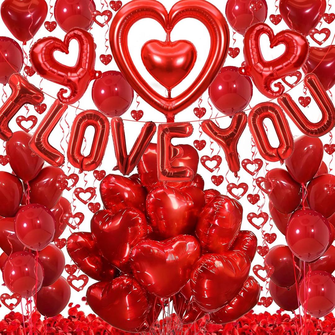Valentines Day Decorations with Red I Love You Balloons and Fake Rose Petals for Wedding Bachelorette Party, Red Heart Balloons and Love Balloon for Anniversary Romantic Decorations