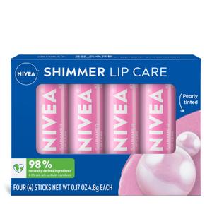 NIVEA Shimmer Lip Care, Shimmery Lip Balm Pack with Shea Butter, Nourishing Oils and Vitamin C & E, 3-in-1 Moisture, Repair and Shimmer, 0.17 Oz Stick, Pack of 4 (0.17 Ounce (Pack of 4))
