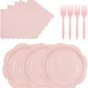 75 PCS Pink Paper Plates and Napkins Party Supplies, LightPink Scalloped Plates Napkins Forks Disposable Tableware Set for Bridal Baby Shower Wedding Birthday Party Decorations (Pink)