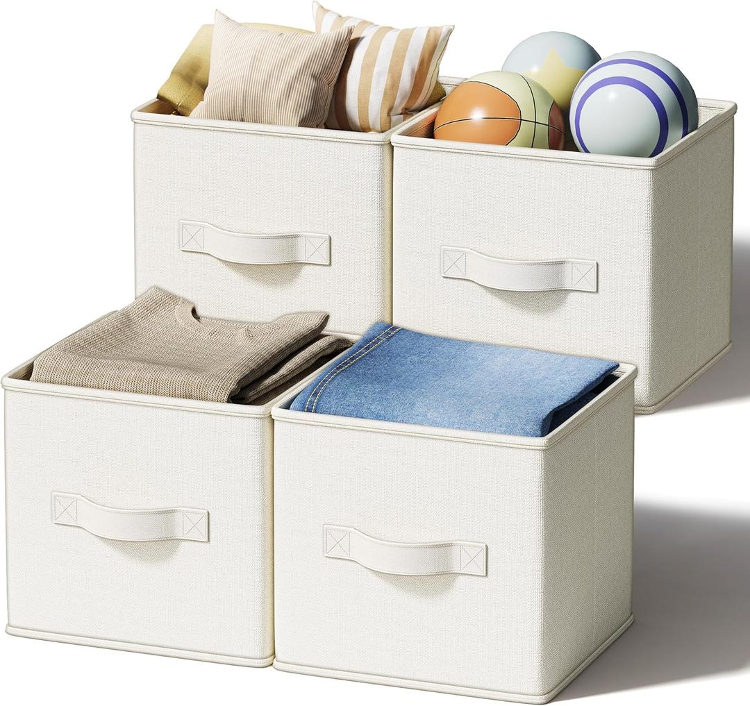 LayerSpace 4 Pack Foldable Fabric Closet Storage Bins, 11Inch Organizer Cubes with Handles, Linen Storage Boxes for Clothes, Toys, Books and Home Organization, White& Ivory, 11Inch
