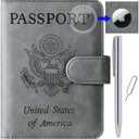 Airtag Passport Holder Cover Wallet Travel Essentials Leather Rfid Blocking Case Vacation Luggage Must Haves Travel Accessories for Men Women (117#Grey)