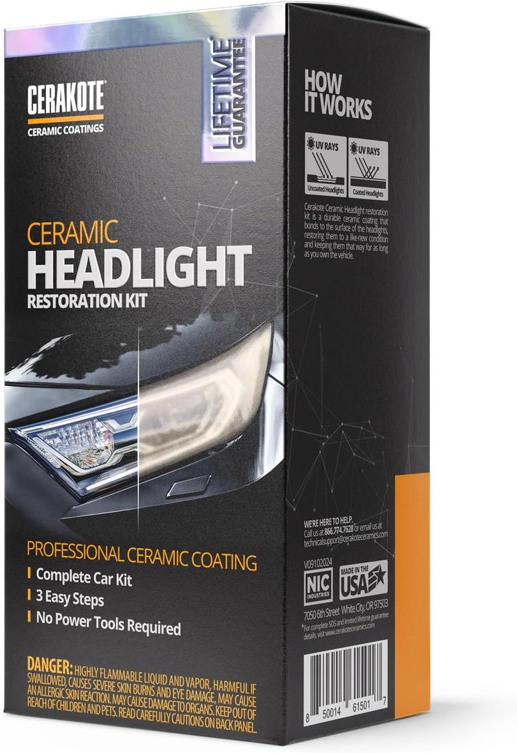CERAKOTE Ceramic Headlight Restoration Kit  To Last As Long As You Own Your Vehicle Brings Headlights Back to Like New Condition - No Power Tools Required - 10 Wipe Kit