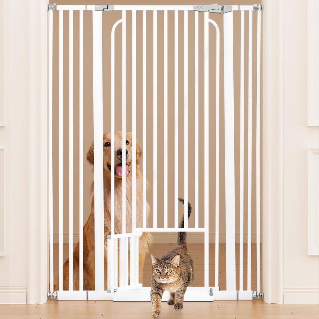 53in Extra Tall Cat Gate for Doorway No Drilling 29.5-40.1in Wide Dog Gate with Cat Door Pressure Mounted Walk Through Pet Gate (White)