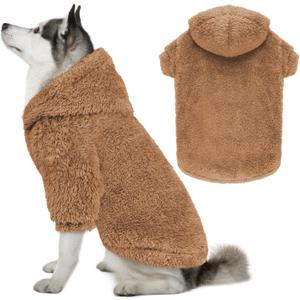 Fuzzy Dog Hoodie Dog Sweaters for Large Dogs Soft Double-Sided Plush Fleece Pet Sweater Pet Clothes Coats Hoodie Sherpa Hooded Sweatshirt(Coffee-XXL)