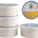 40 Oz Ramekins Ceramic Airtight Bowls Set of 4 - Large Mixing Bowls with Lids Set for Salad, Pho, Soup, Pasta, Dessert, Serving, Oatmeal, Baking Dishes, Dishwasher & Microwave Safe, Beige