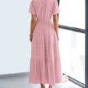 BTFBM Womens Summer 2026 Casual Midi Maxi Dresses Lightweight Short Sleeve V Neck Elastic Waist Boho Beach Dress Pockets (Pink). M Size