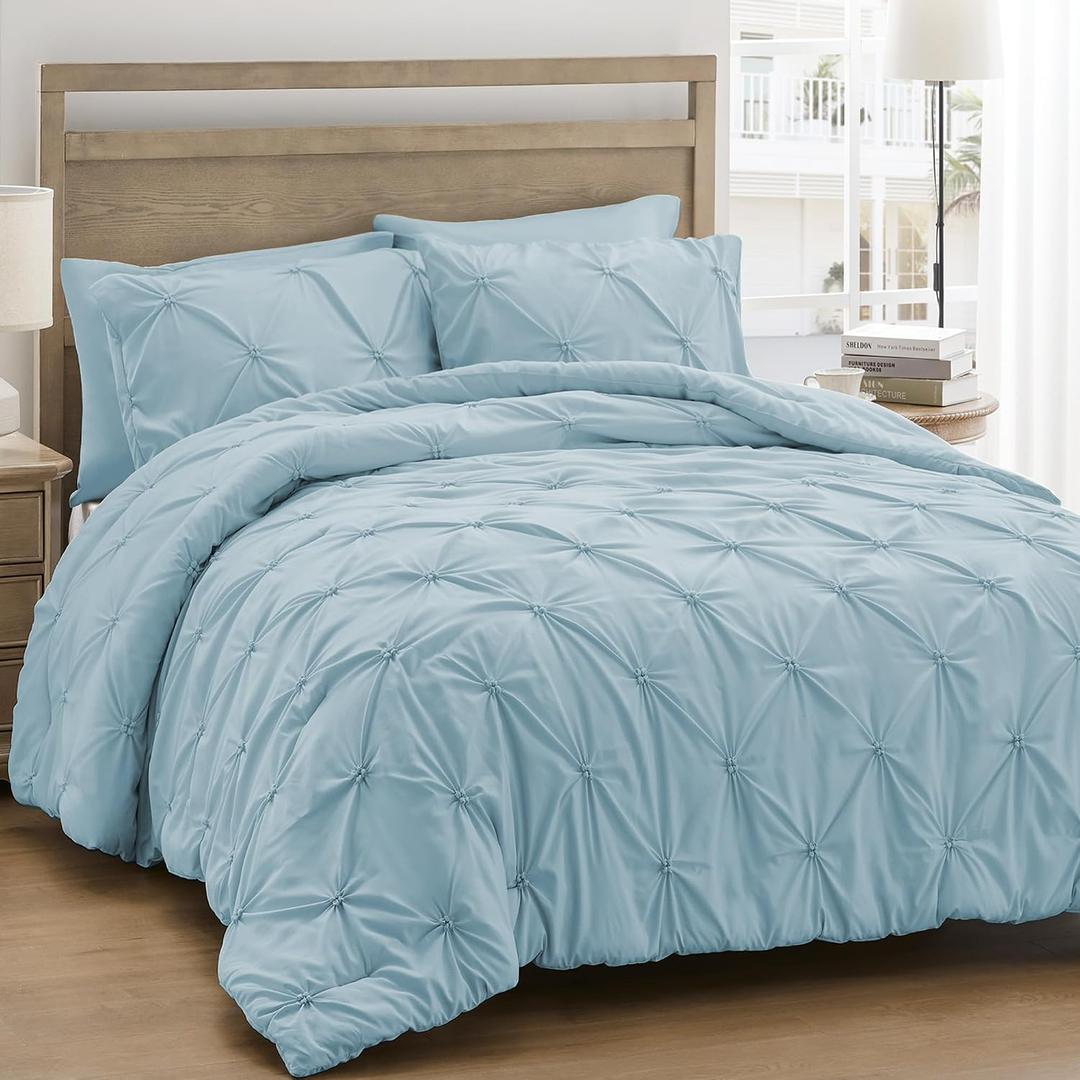 UNIKOME King Size Comforter Set Light Blue - Ultra Soft Boho Pintuck Down Alternative Bedding Set for All Seasons, 3 Pieces Lightweight Warm Pinch Pleat Bed Set with Comforter, 2 Pillowcases