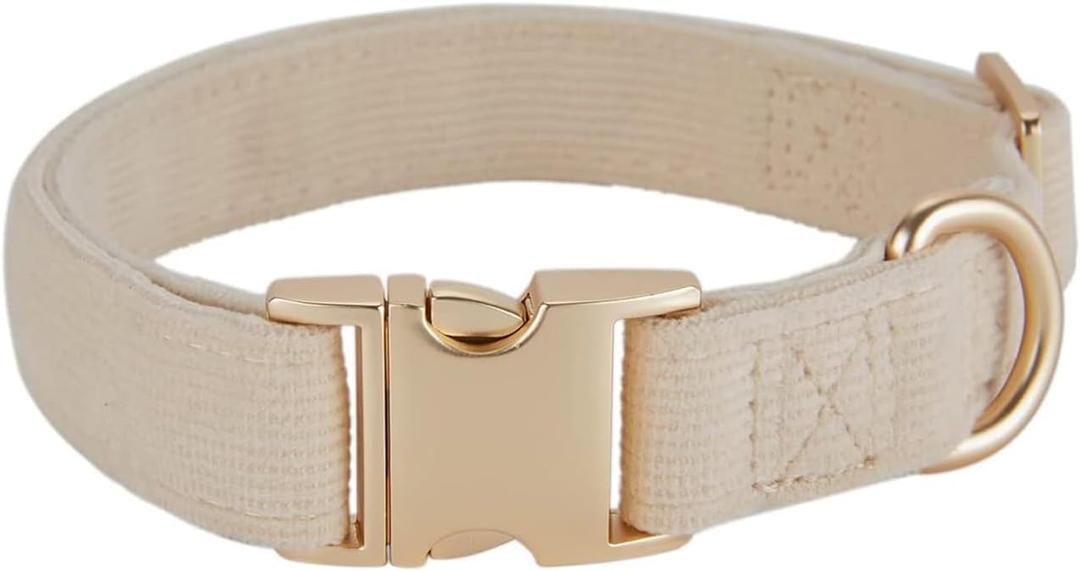 Soft Dog Collar with Metal Buckle Adjustable Durable Comfort Cotton Corduroy Collars for Large Medium Small Dogs Velvet Dog Collars, White (Medium (Pack of 1), Beige)