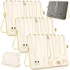3 Pack Necklace Display Stand for Selling Double-sided Velvet Necklace Organizer Large Metal Chain Holder Stand Beige Grey Chain Jewelry Display for Vendor Craft Show Exhibidores