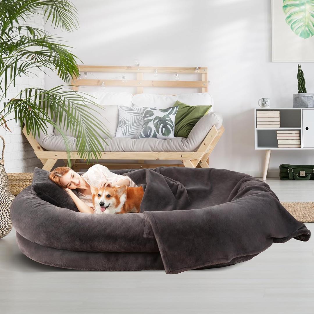 Fvkind Human Dog Bed for Adults, 73"x56"x12" Washable Orthopedic Size, Faux Fur Removable, Cozy Large Present with Blanket and Pillow, Dark Grey