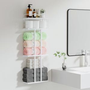 White Towel Rack for Bathroom, Metal Towel Holder for Bathroom Storage Rack with Shelf, 3-Tier Wall-Mounted Towel Organizer - Holds Rolled Towels