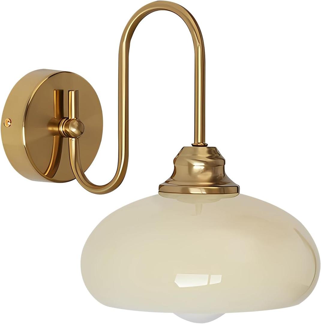 KCO Lighting Mid Century Modern Wall Mounted Bedside Lamp Brass Gold Wall Sconce Glass Globe Bathroom Vanity Light Fixture Vintage Wall Light Wireless Bedroom Wall Sconce Lamp (Yellow)