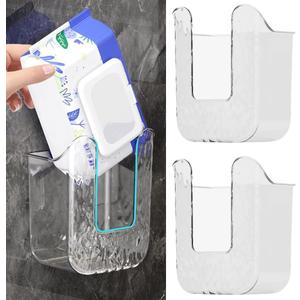 Bathroom Wipes Holder, 2PCS Wall-Mounted Wipe Storage Box, Acrylic Wipes Container with Adhesive Mount for Toilet and Bathroom