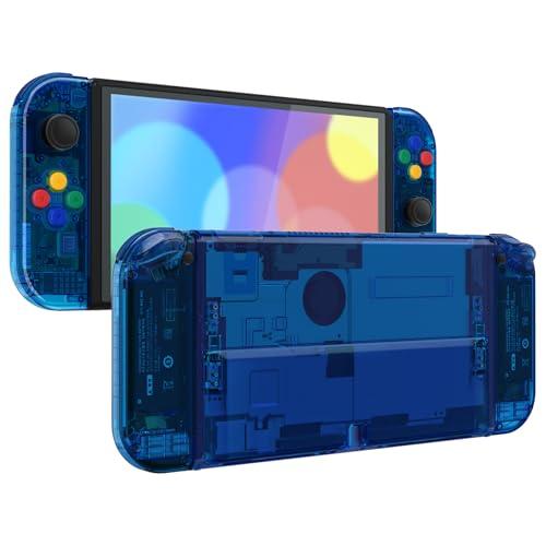 eXtremeRate DIY Full Set Shell Buttons for Nintendo Switch OLED, Crystal Clear Blue Replacement Console Back Plate & Kickstand Custom Case Housing for Nintendo Switch OLED JoyCon - No Controller