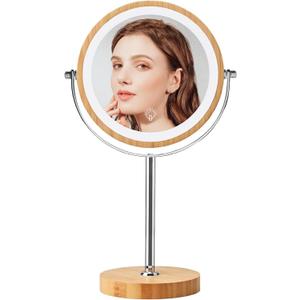 Lighted Makeup Mirror, Rechargeable 8" Bamboo Vanity Mirror, 1x/10x Magnifying Vanity Mirror with 3 Colors Dimmable Lightning, 360 Rotation Double Sided Cosmetic Light up Mirror