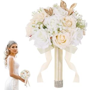 Wedding Bouquets for Bride - Realistic Silk Flowers Artificial Roses, 9 Inch Bridesmaid Bouquet for Ceremony, Church, Anniversary, and Home Decoration (White & Champagne)