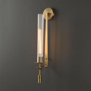 Brass Wall Light Fixture Set of 2, Post-Modern Long Glass Tube Wall Sconce Lighting Fluted Cylinder 1 Head Gold Wall Mount Lamp Glass Ribbed Bathroom Sconce - 28"