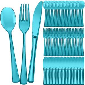 Minatee 150 Pieces Disposable Cutlery Set Plastic Silverware Heavy Duty Utensil Sets 50 Forks 50 Knives 50 Spoons for Home Office School Party Picnics Restaurant Outdoor Events(Peacock Blue)