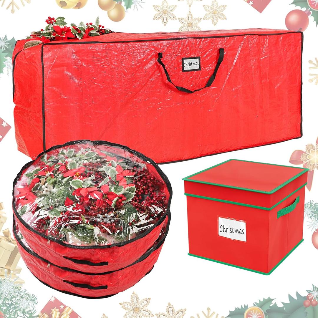 Falflor 4PCS Christmas Tree Storage Bag & Christmas Ornament Bag Sets Waterproof Xmas Ornament Storage BagRed (9 Ft)