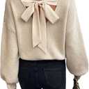 V Neck Sweaters Woman,Off The Shoulder Sweater Top,Fitted Long Sleeve Shirt Women,Tie Back Sweater,Knit Sweater (Large, Apricot)