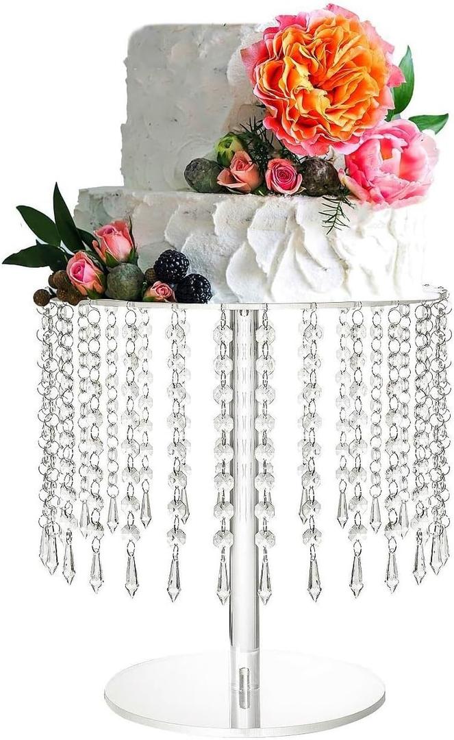 Round Cake Stand - 12 Inch Diameter Acrylic Dessert Display Stand with Crystal Chandelier, Cupcakes Serving Plate for Party Wedding Birthday Festival Event Decorations (Clear)